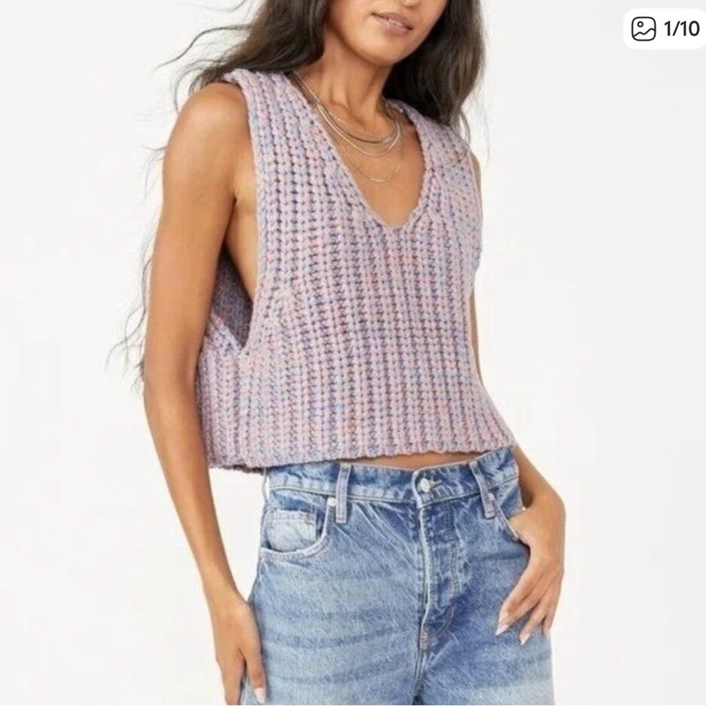 Free People Chunky Knit Cotton blend Crop Purple Hoopla Sweater Vest XS - Picture 1 of 12